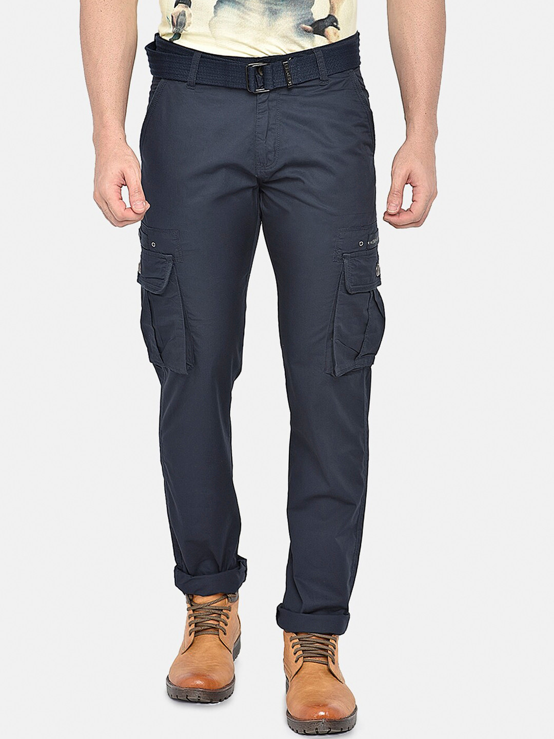 

beevee Men Navy Blue Relaxed Regular Fit Solid Cargos with Belt