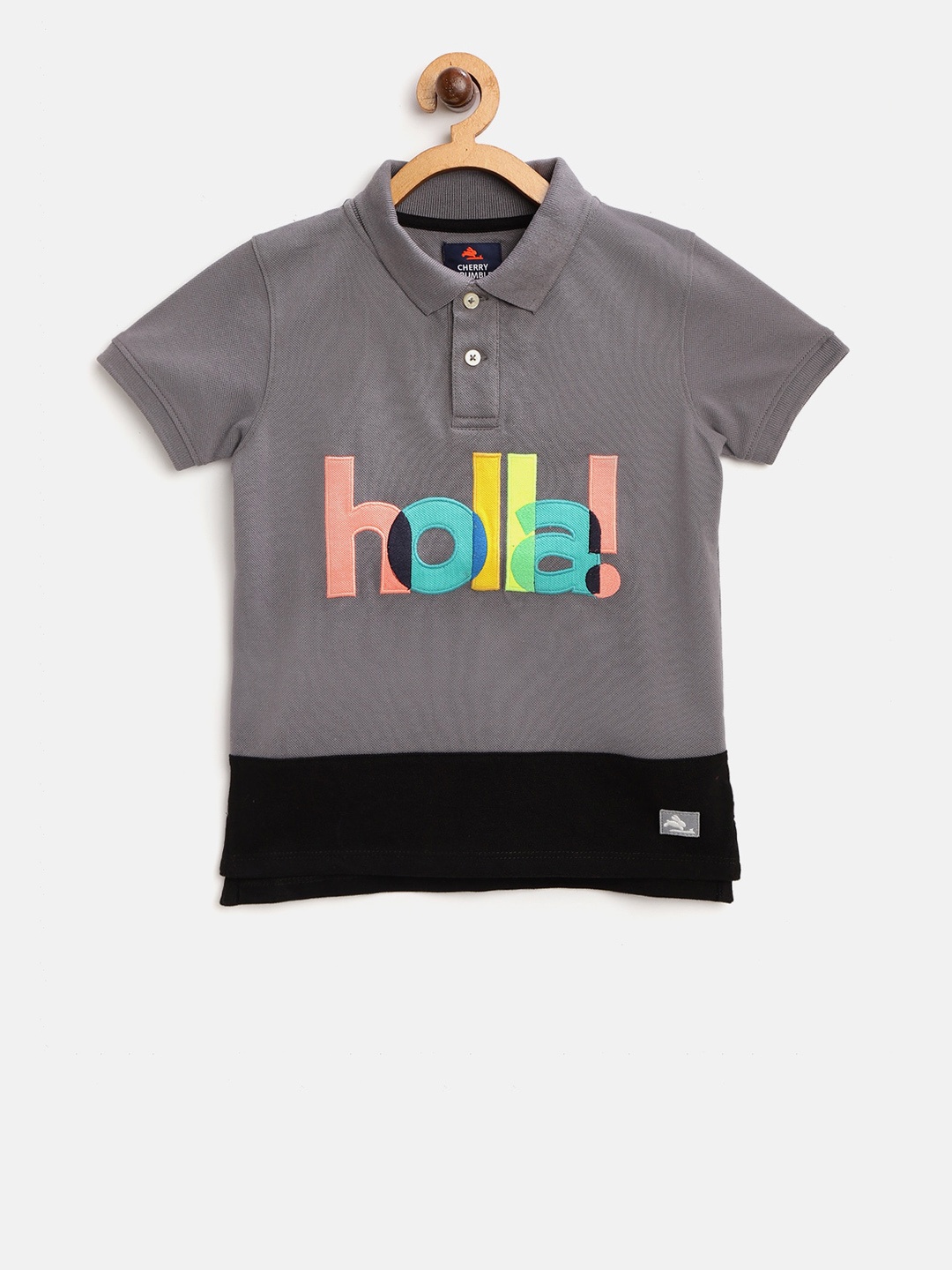 

Cherry Crumble Boys Grey & Black Printed Polo Collar T-shirt