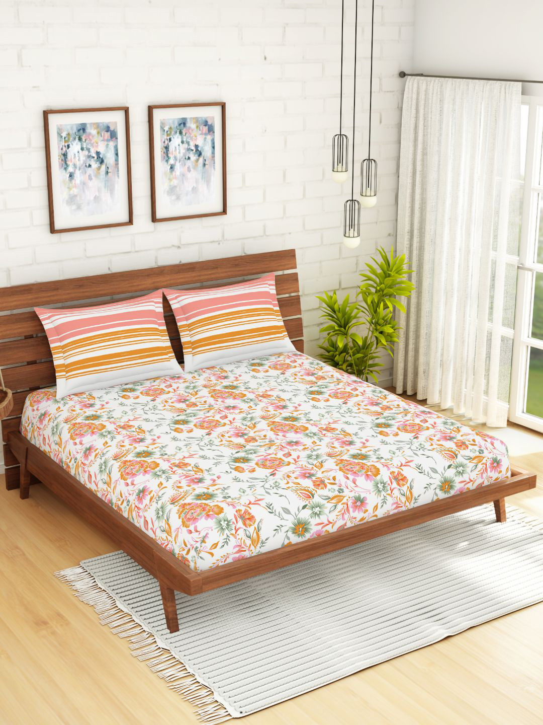 

SPACES Orange & White Floral 144 TC Cotton 1 Queen Bedsheet with 2 Pillow Covers
