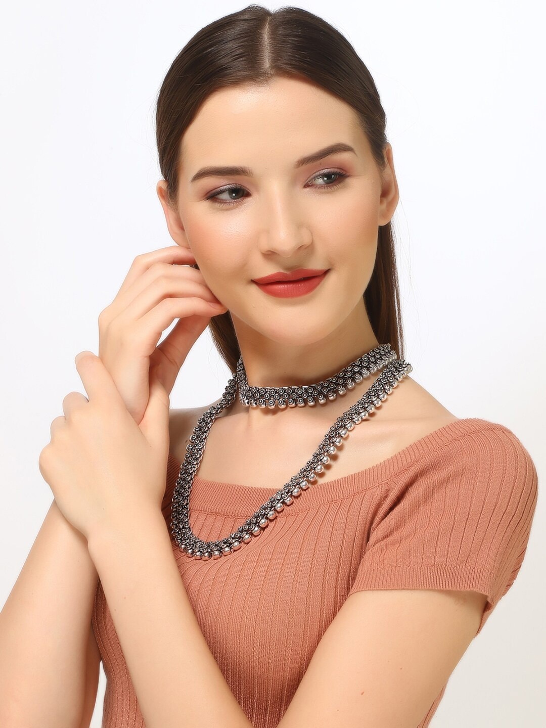 

Infuzze Women Set Of 2 Silver-Plated Oxidised Statement Necklace