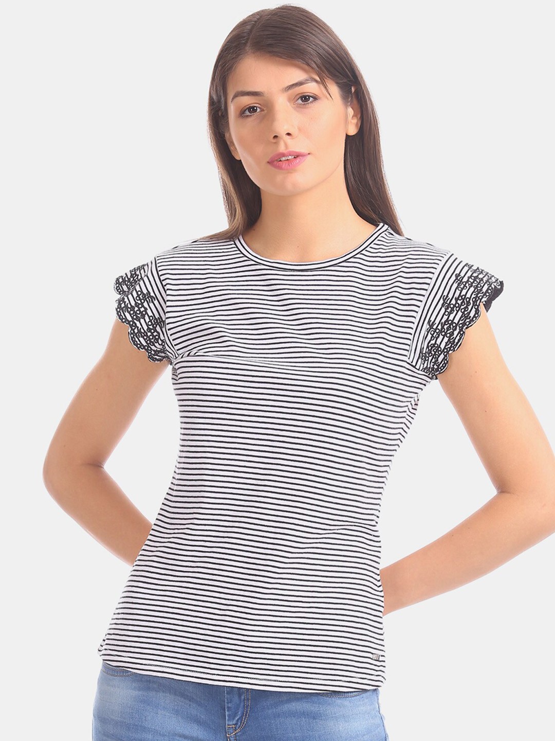

U.S. Polo Assn. Women White & Blue Striped Knitted Pure Cotton Top