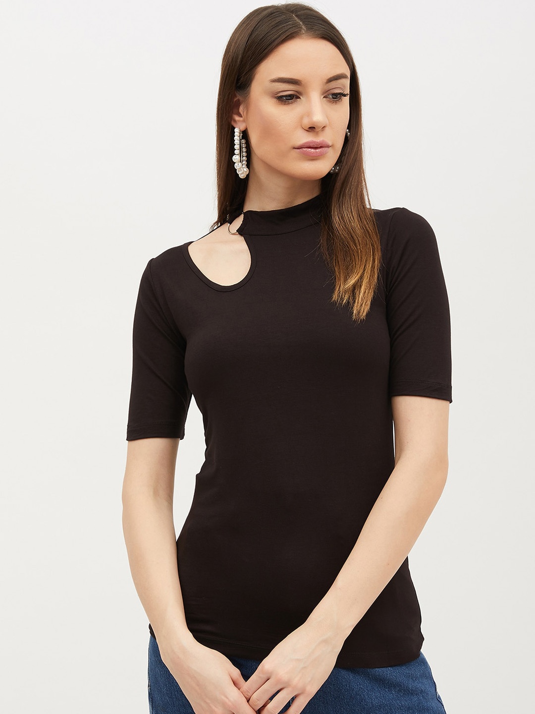 

Harpa Women Black Solid Cut Out Fitted Pure Cotton Top