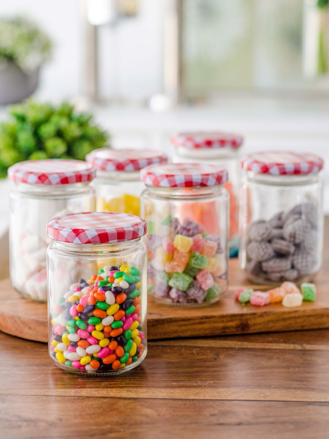 

GOODHOMES Set Of 6 Transparent Candy Jars With Red & White Lid