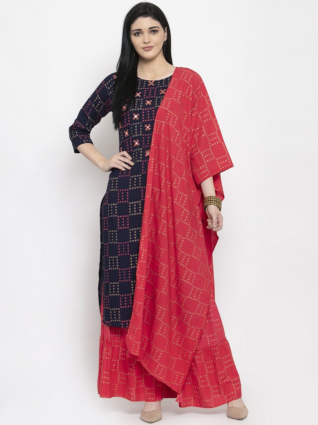 

Clora Creation Women Navy Blue & Red Printed Kurta with Palazzos & Dupatta