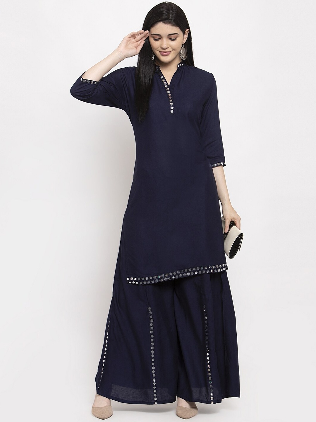 

Clora Creation Women Navy Blue Solid Mirror Work Kurta with Sharara