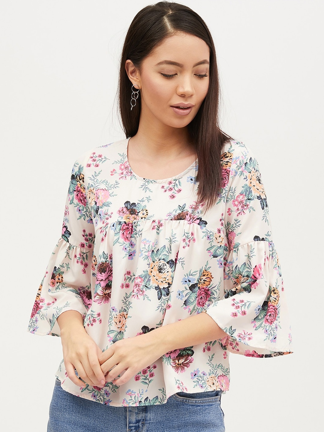 

Harpa Women Cream-Coloured & Pink Floral Printed A-Line Top
