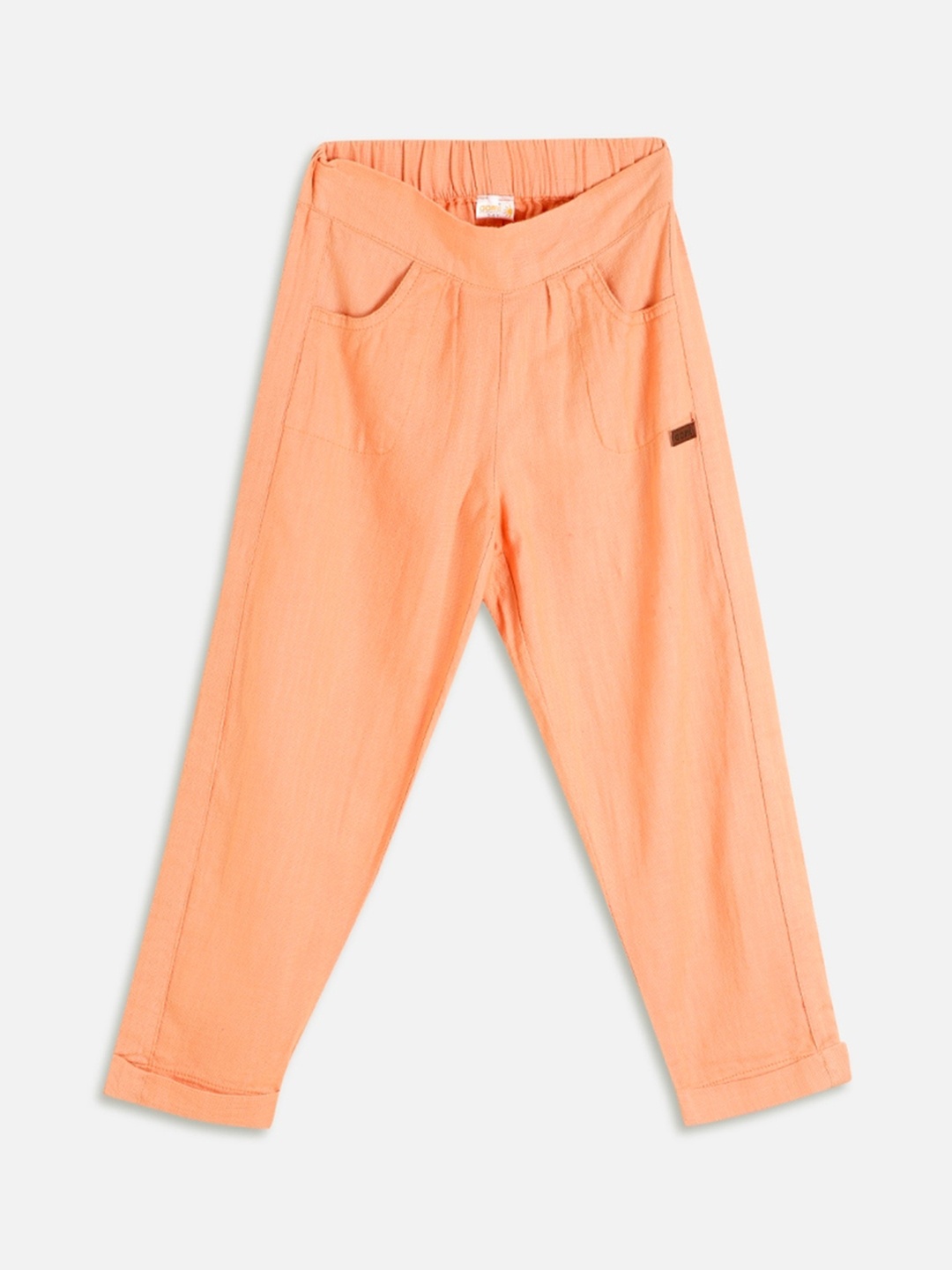 

Aomi Girls Peach-Coloured Solid Regular Trousers