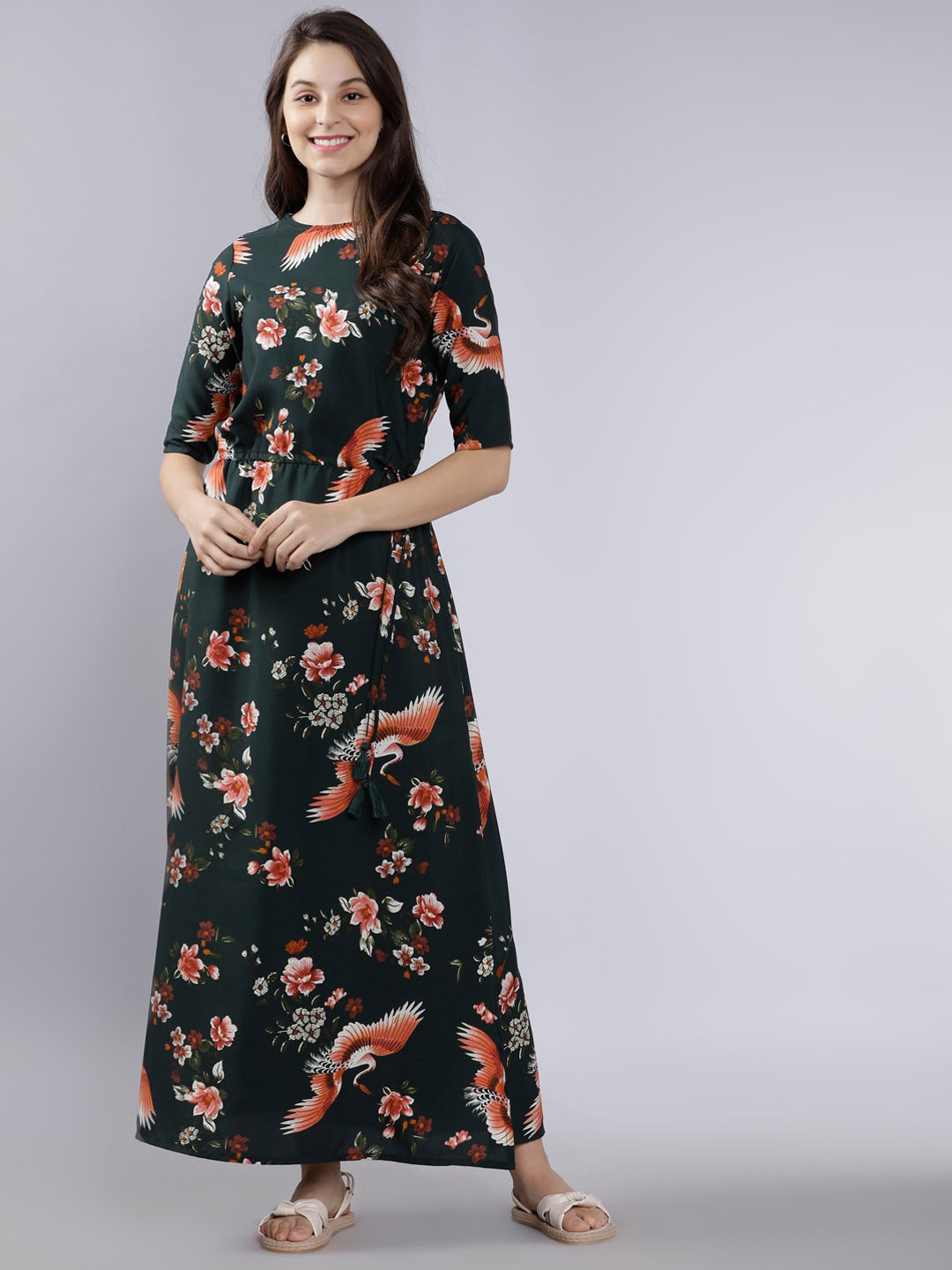 

Tokyo Talkies Women Green & Red Floral Printed Maxi Dress
