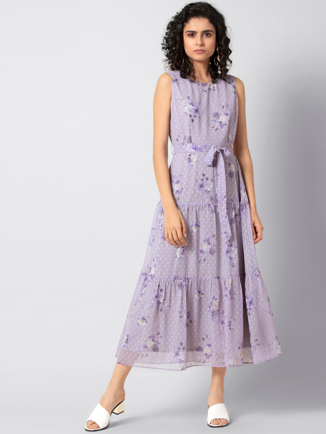 

FabAlley Women Purple Floral Printed A-Line Dress with Attatched Belt