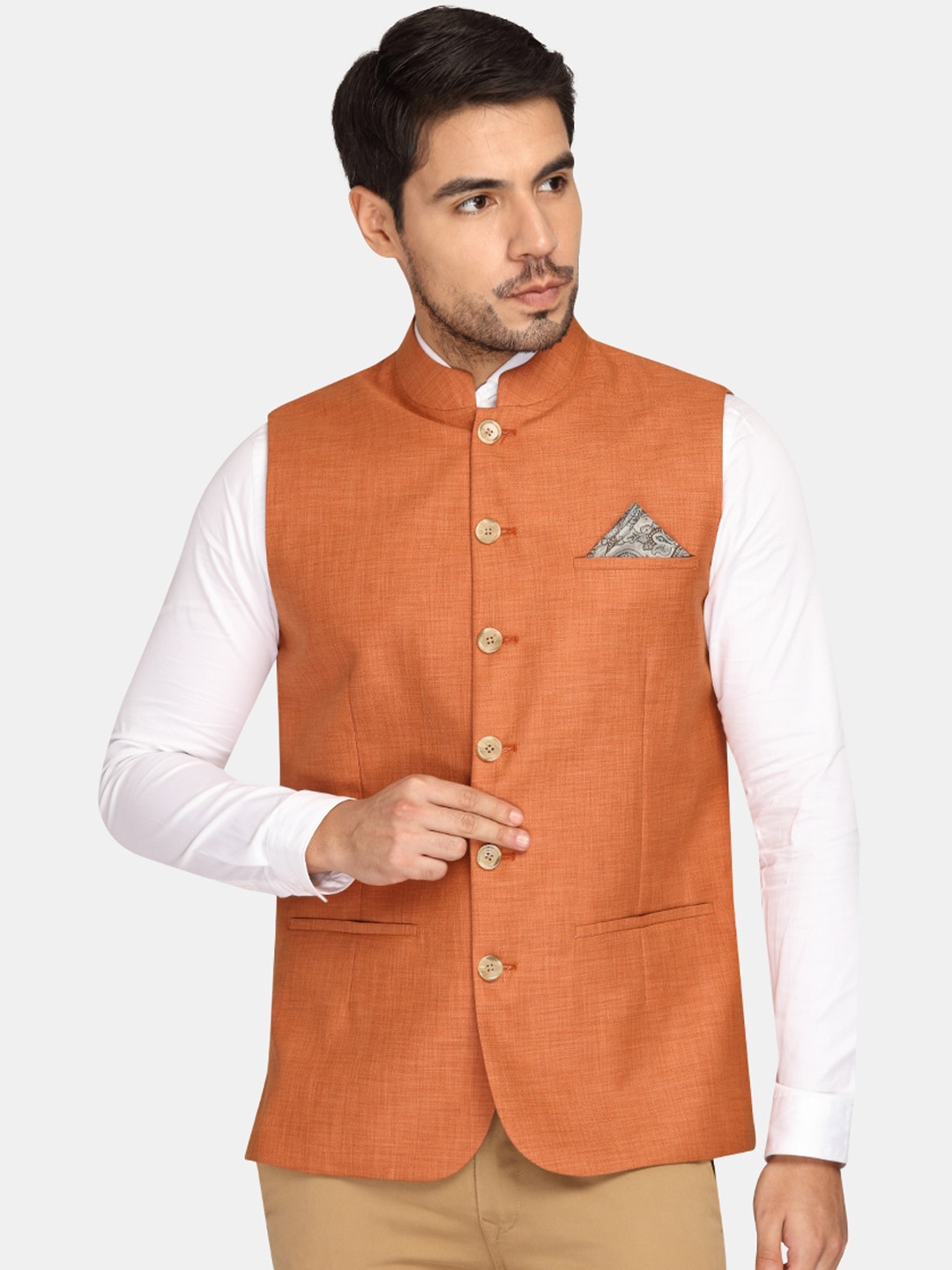 

Theme Men Orange Solid Woven Nehru Jacket