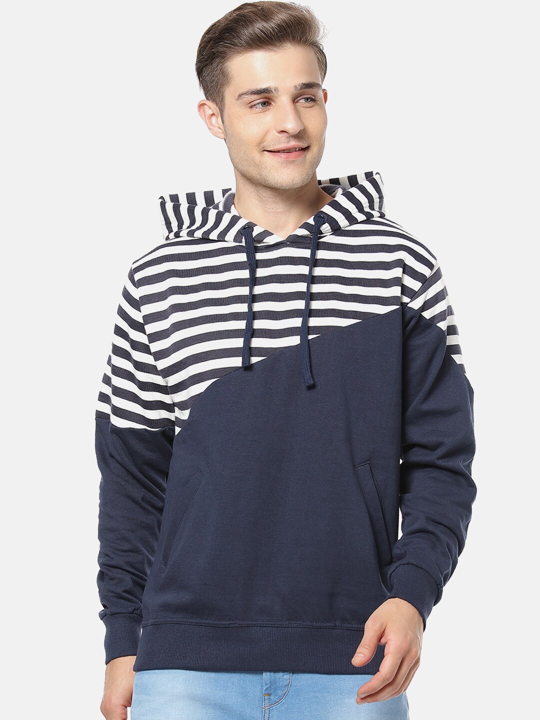 

Campus Sutra Men White & Navy Blue Striped Hooded Sweatshirt