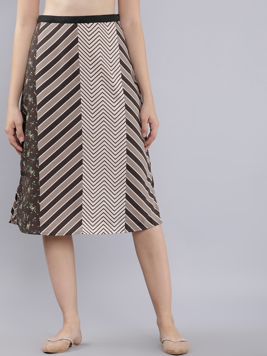 

Tokyo Talkies Women Brown & Off-White Printed A-Line Midi Skirt