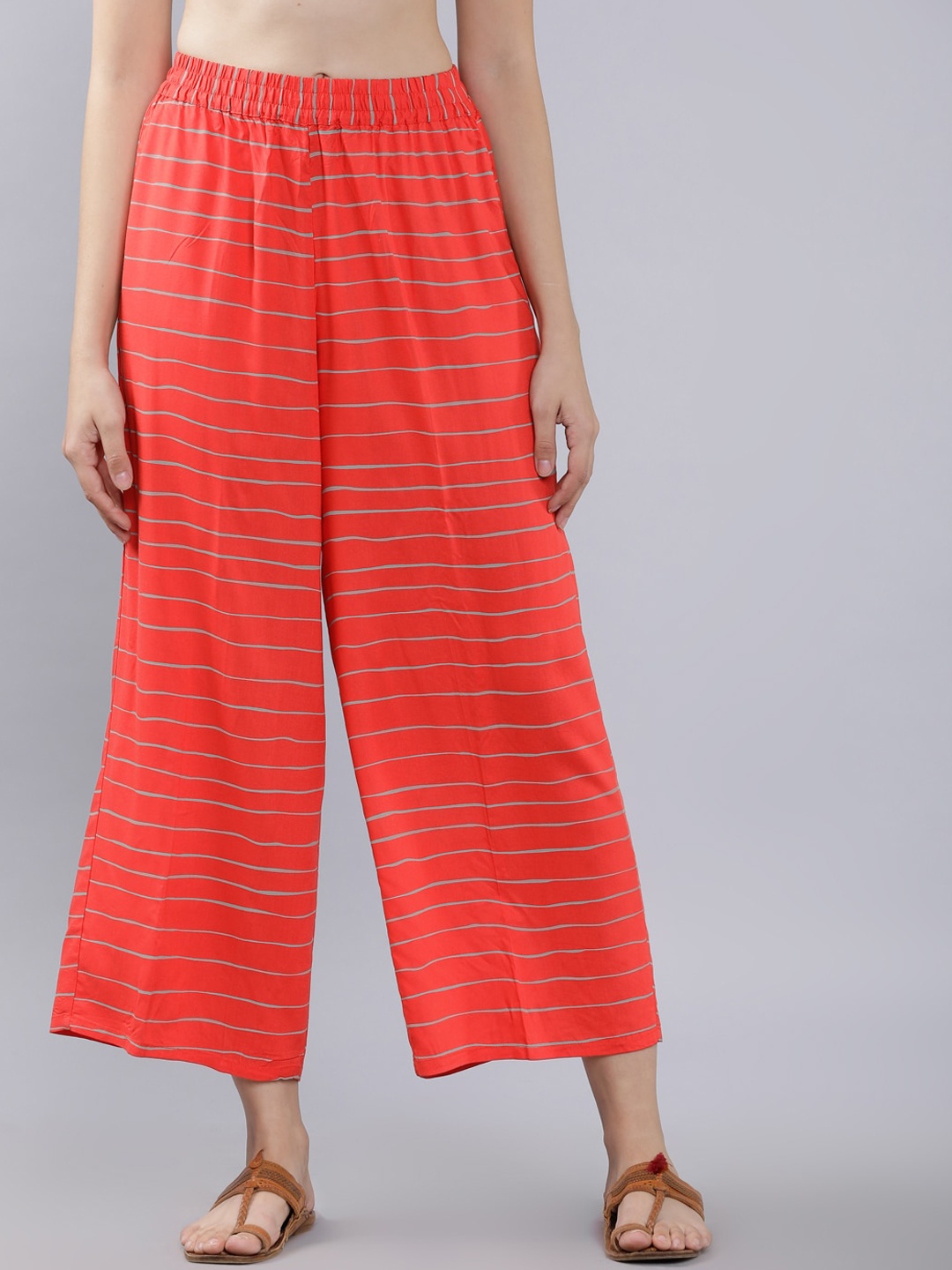 

Vishudh Women Orange & Grey Striped Straight Palazzos
