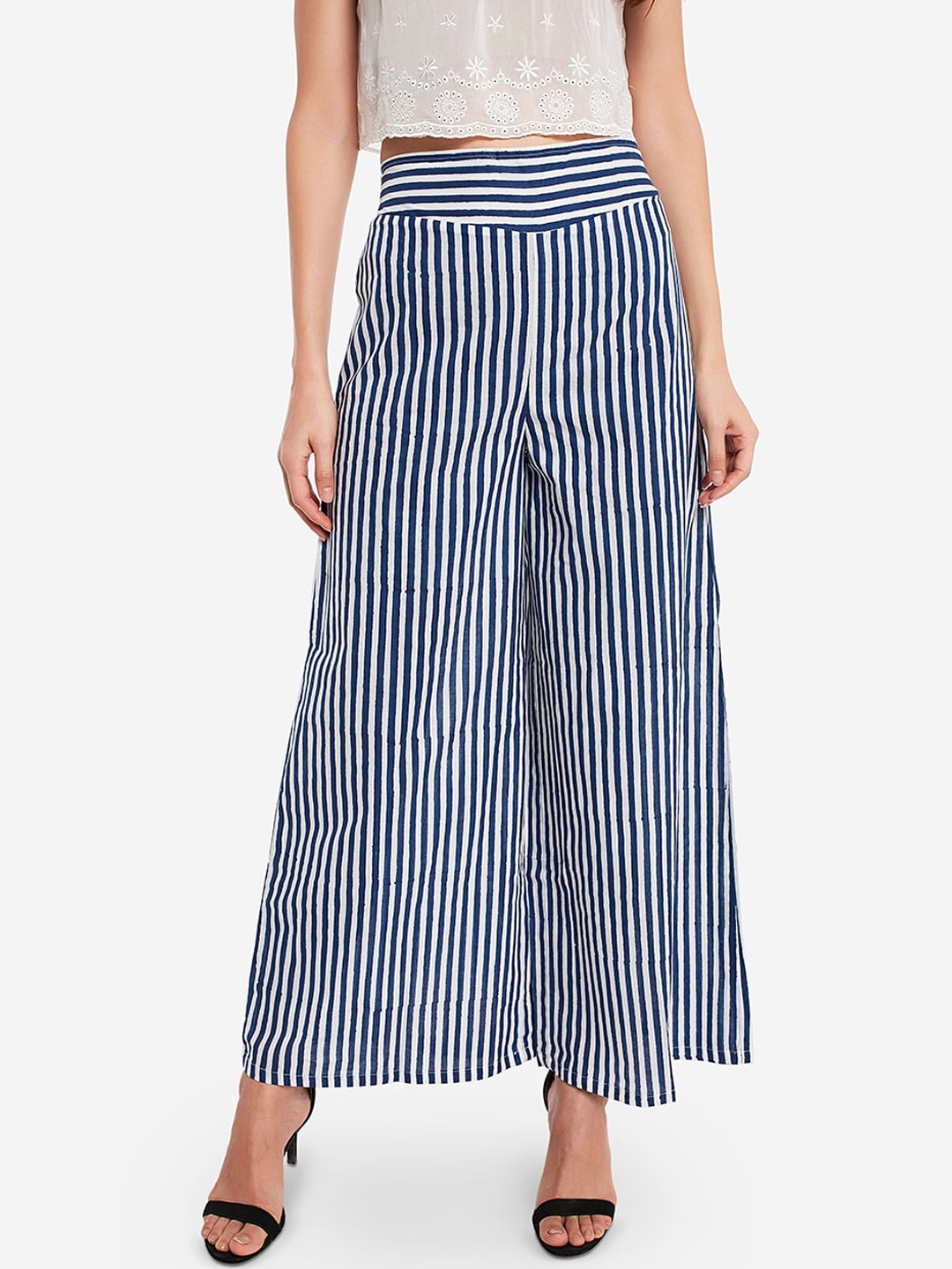 

Desi Weavess Women Navy Blue & White Striped Wide Leg Palazzos