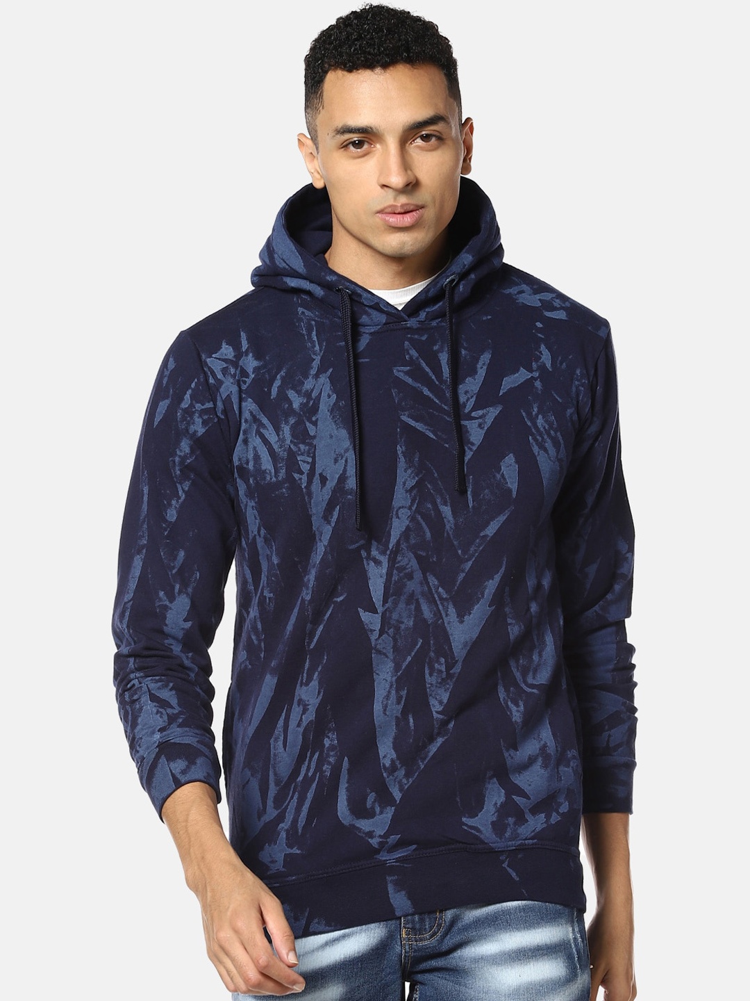 

Campus Sutra Men Navy Blue & Black Printed Hooded Sweatshirt
