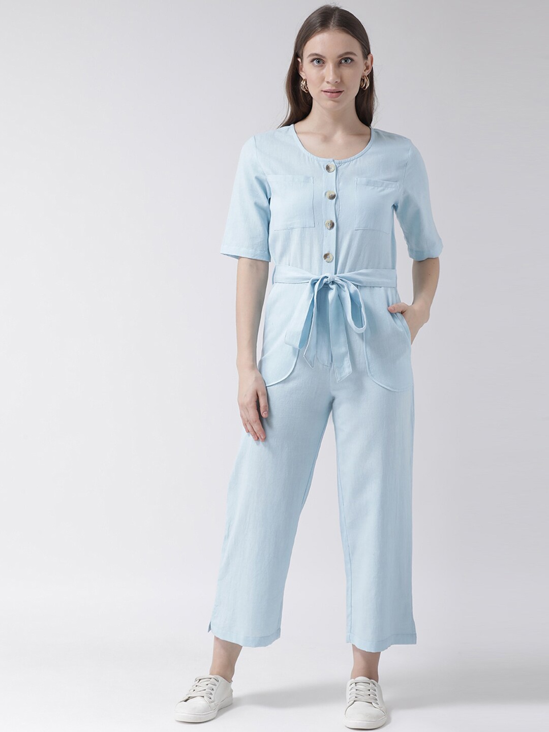 Aayna Women Blue Solid Capri Jumpsuit
