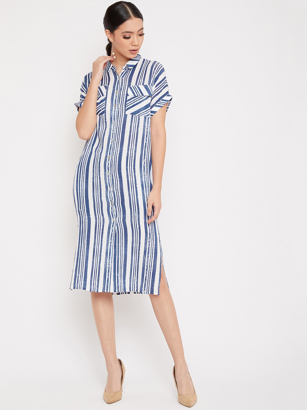 

Crimsoune Club Women White & Blue Striped Shirt Dress