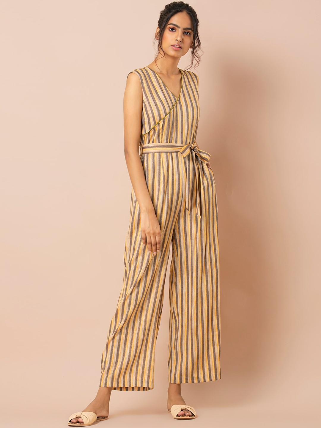 

INDYA Women Yellow & Grey Striped Jumpsuit