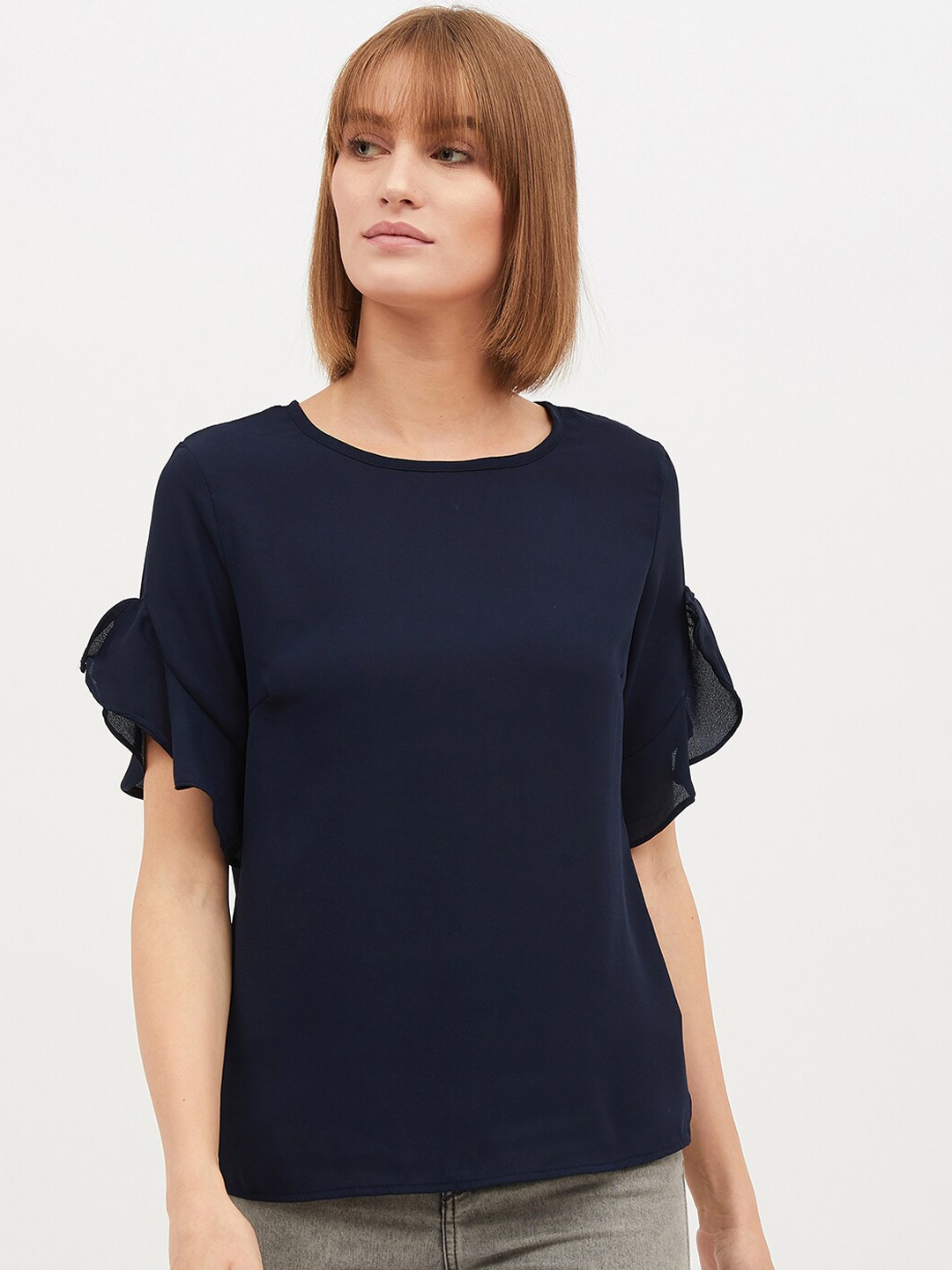 

Harpa Women Navy Blue Solid Ruffle Top
