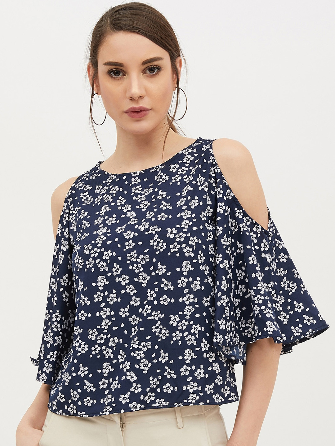 

Harpa Women Navy Blue & White Floral Printed A-Line Top