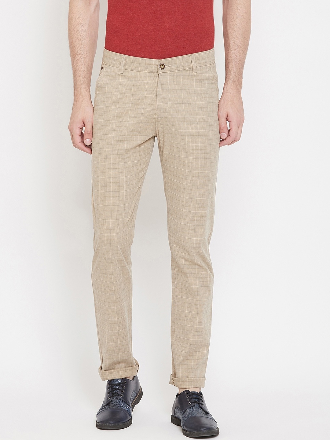 Crimsoune Club Men Khaki Slim Fit Checked Regular Trousers, Beige