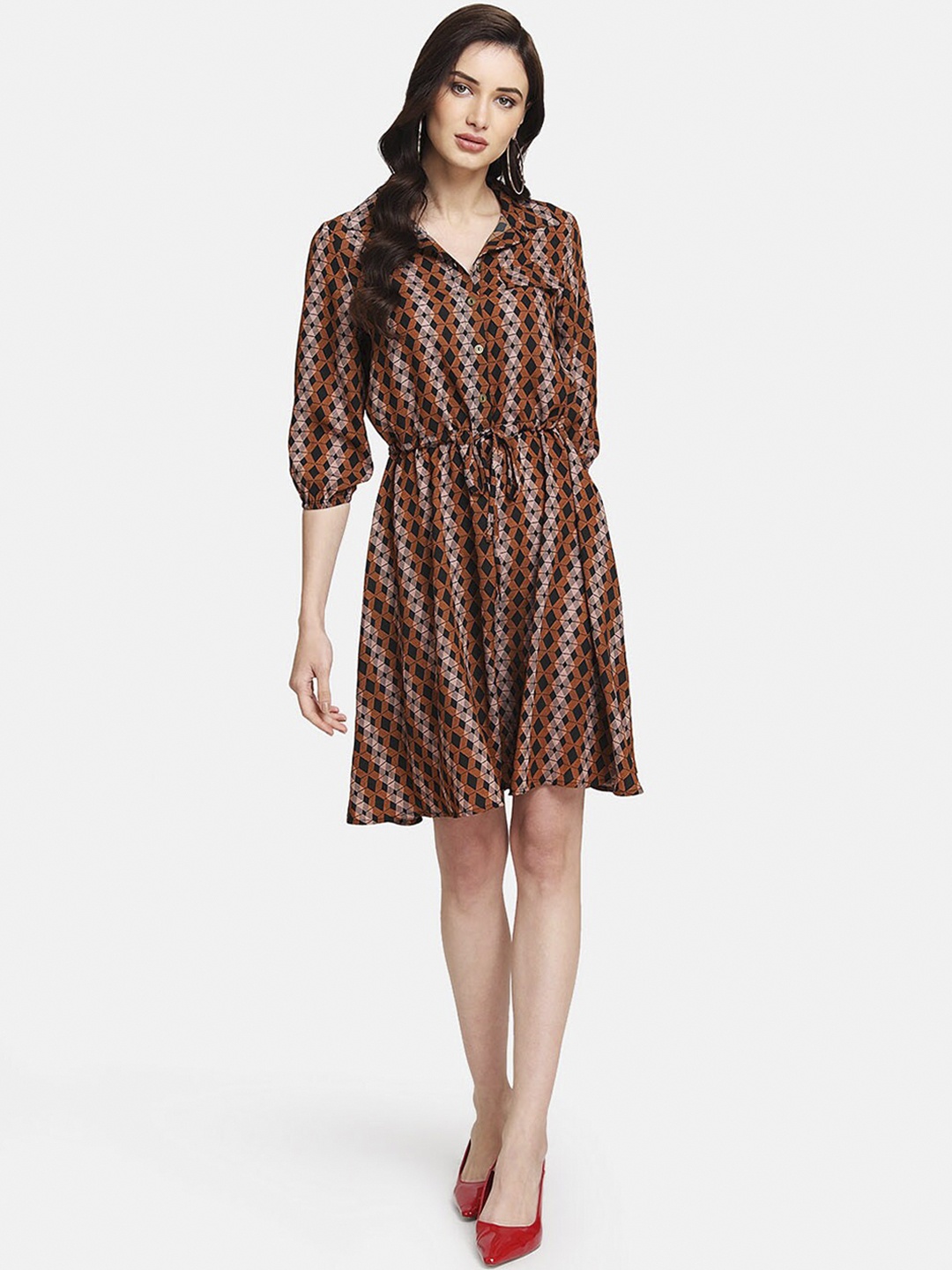 

Kazo Women Brown & White Geometric Print Shirt Dress