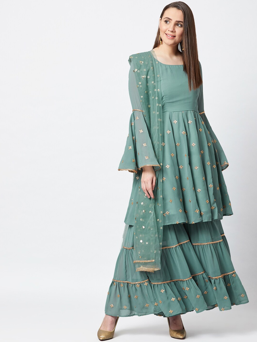 

PANIT Women Sea Green & Gold Self Design Kurta with Sharara & Dupatta