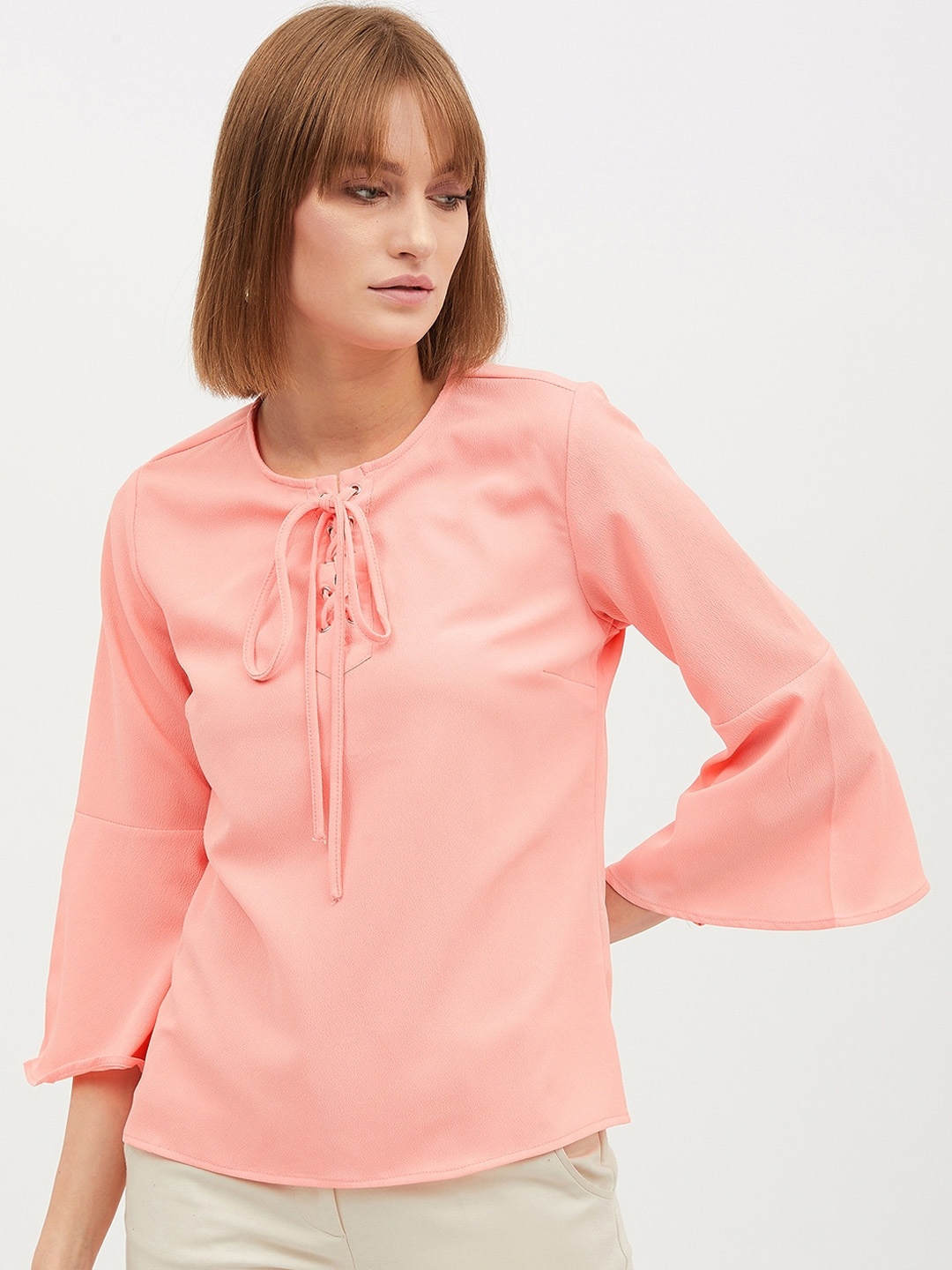 Harpa Women Pink Tie-Up Neck Solid Top