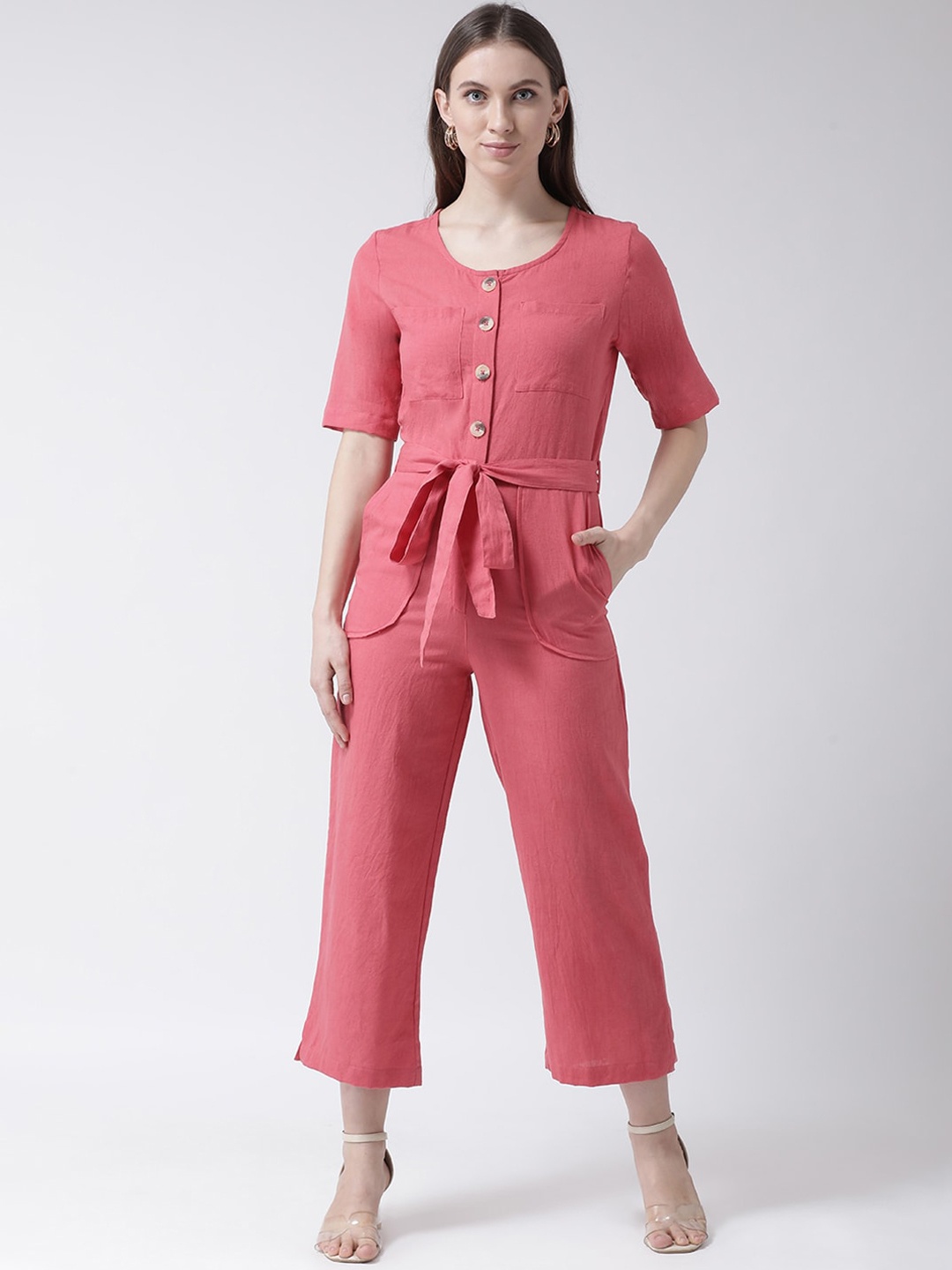 

Aayna Women Coral Pink Solid Capri Jumpsuit
