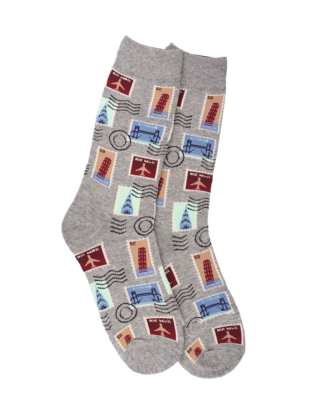 

The Tie Hub Men Grey & Blue Patterned Stamps Calf-Length Socks