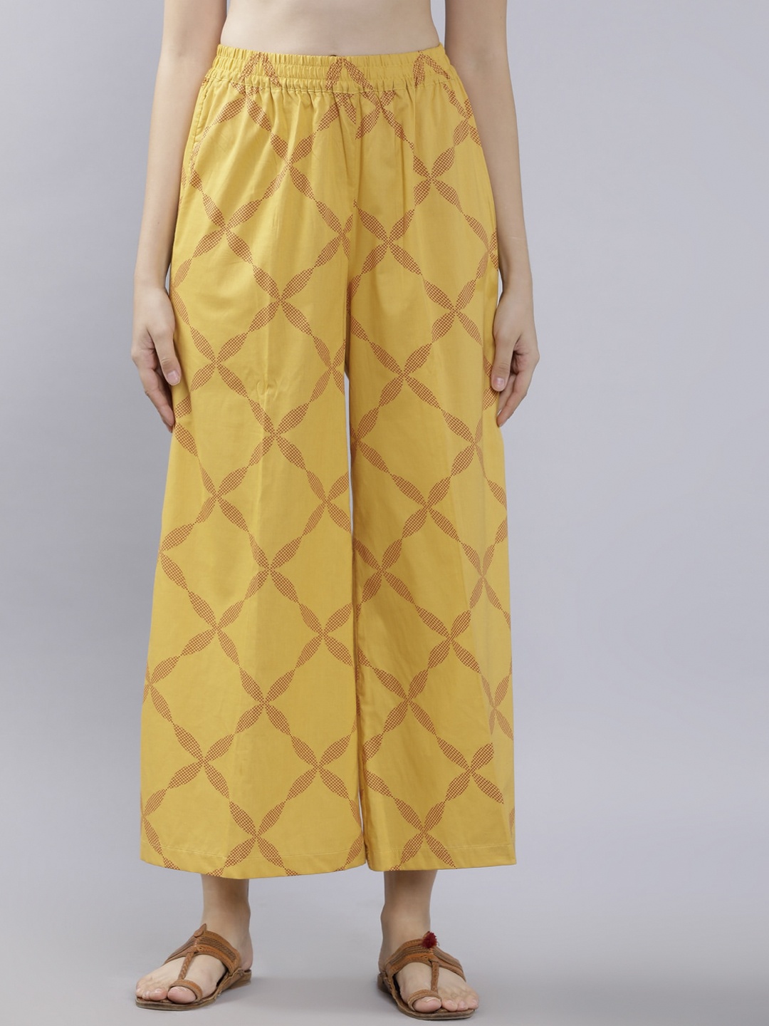

Vishudh Women Yellow & Pink Checked Straight Palazzos