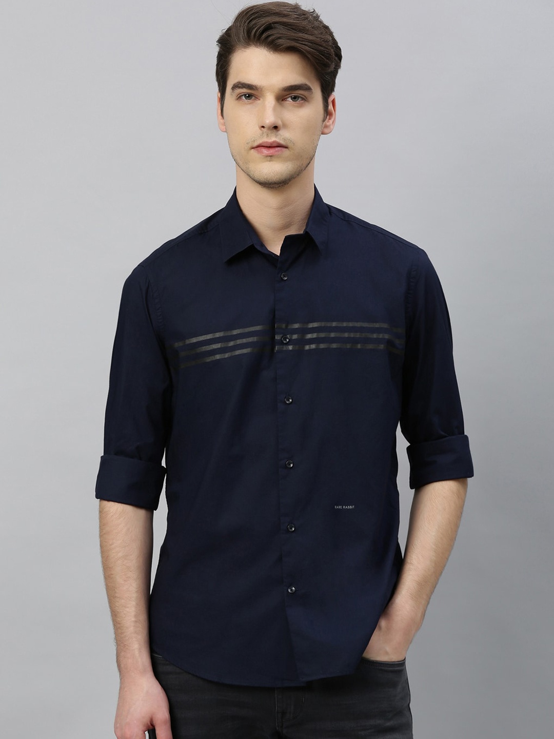 

RARE RABBIT Men Navy Blue Tailored Fit Striped Casual Shirt