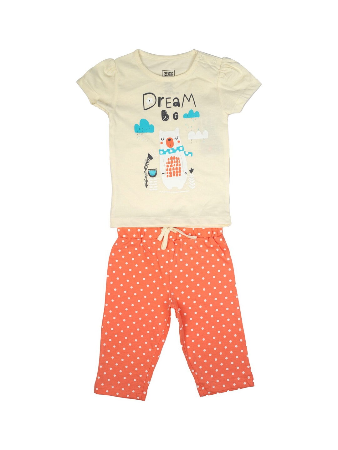 MeeMee Girls Beige & Orange Printed Night Suit