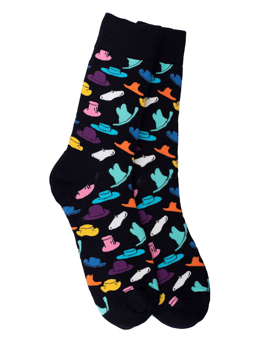 

The Tie Hub Men Black & Blue Hat Patterned Bright Calf-Length Socks