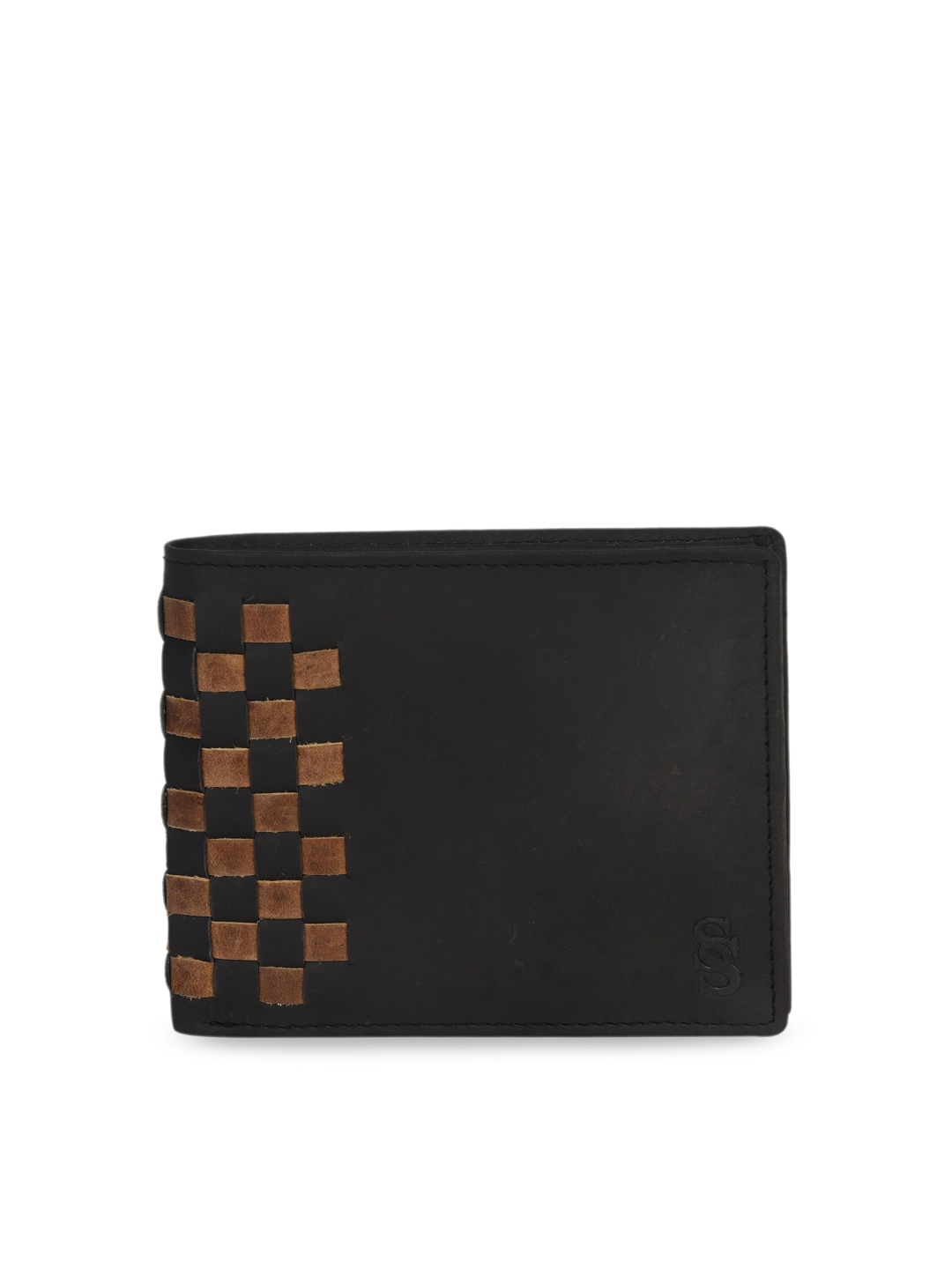 

Second SKIN Men Black & Tan Woven Design Two Fold Leather Wallet