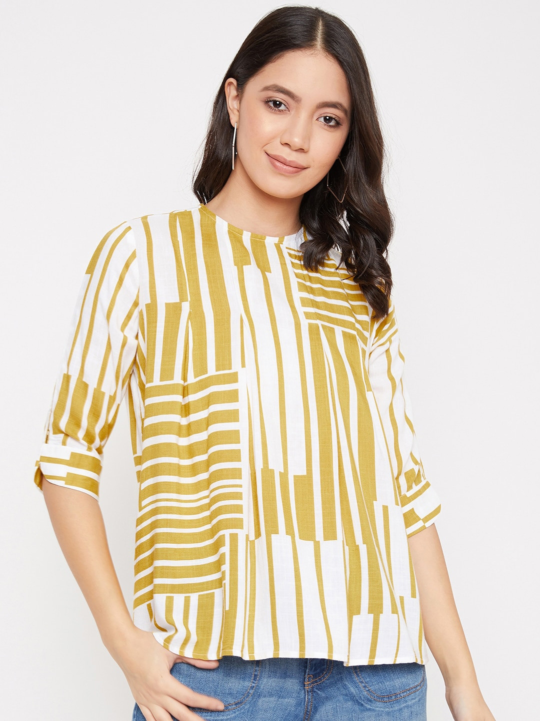 

Crimsoune Club Women Yellow & Off-White Striped Top