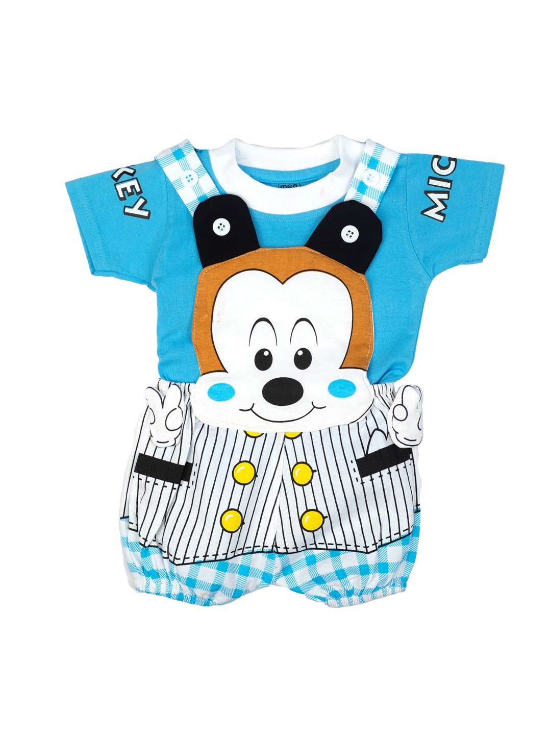 

MeeMee Unisex Kids Blue & White Printed T-shirt with Dungrees