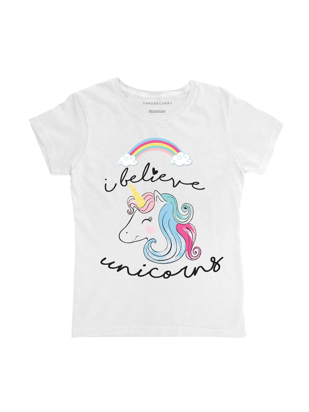 

THREADCURRY Girls White Unicorn Printed Round Neck T-shirt