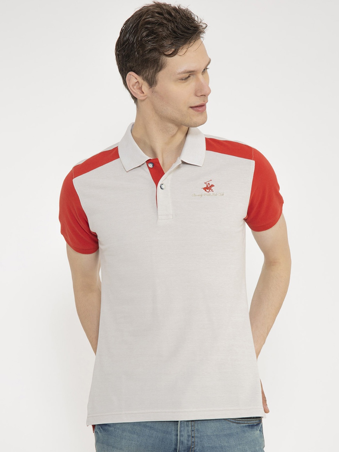 

Beverly Hills Polo Club Men White & Red Colourblocked Polo Collar T-shirt