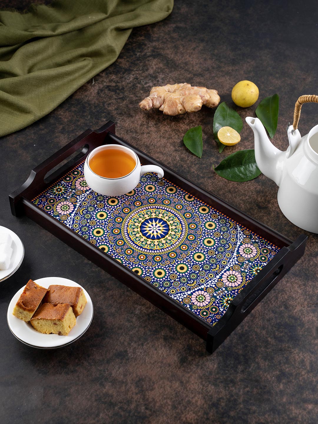

KOLOROBIA Pink & Yellow Printed Moroccan Inspiration Large Wooden Tray