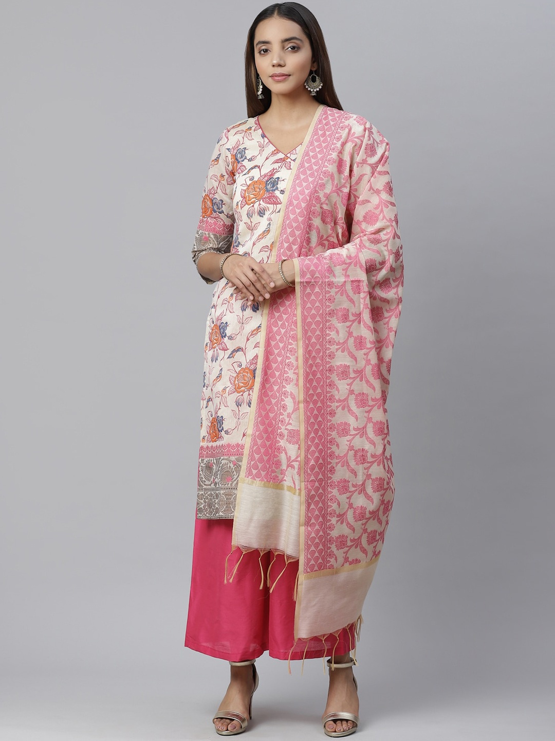 

Chhabra 555 Women Cream-Coloured & Pink Printed Kurta with Palazzos & Dupatta