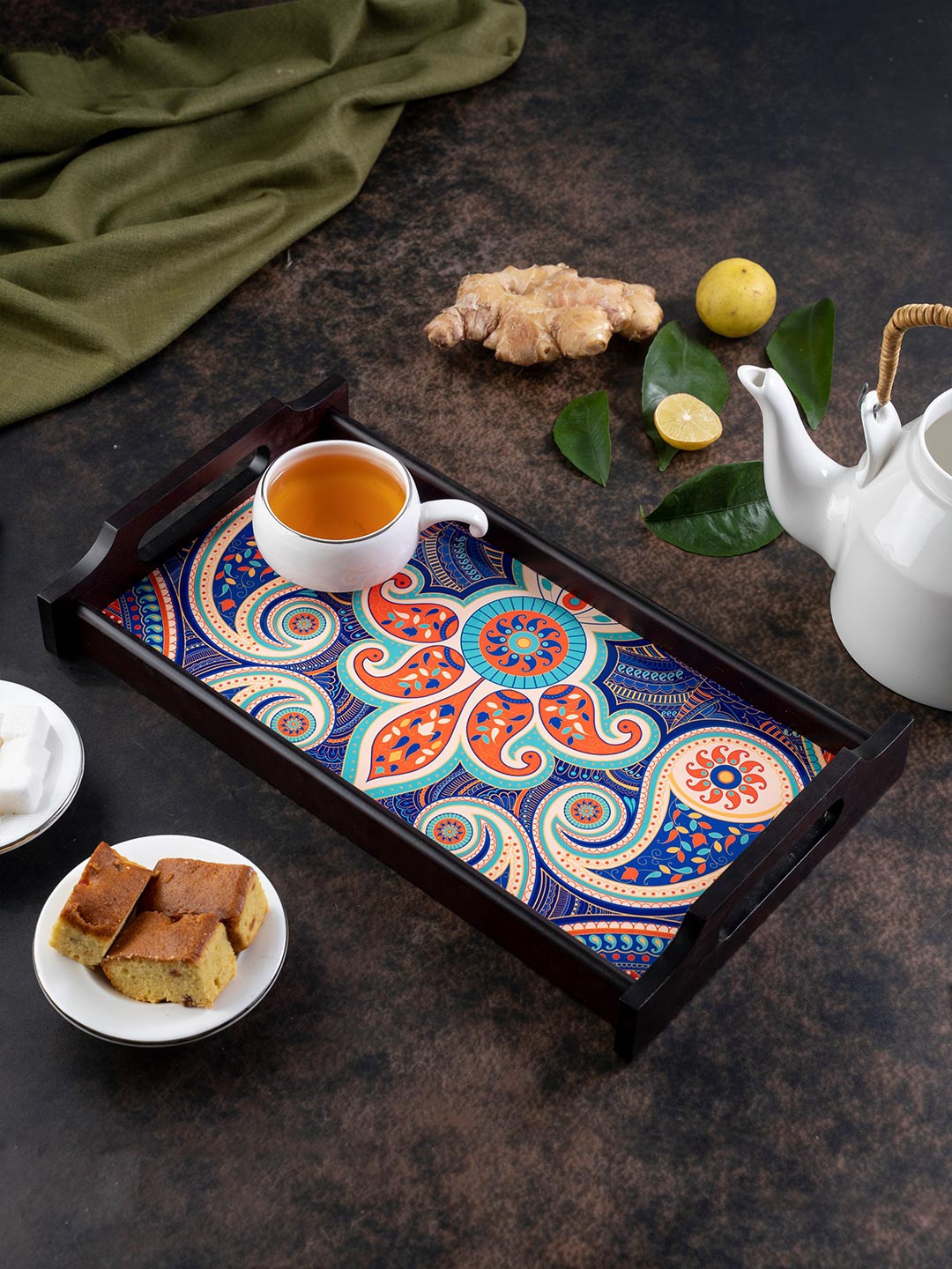 

KOLOROBIA Blue & Orange Printed Majestic Paisley Small Wooden Tray