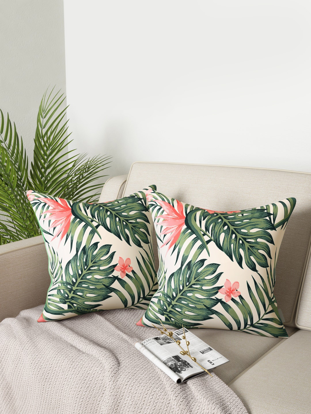

PETAL HOME Off-White & Green Set Of 2 Floral Printed Cushion Covers
