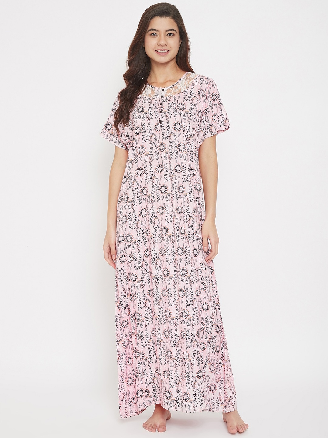 

The Kaftan Company Women Pink & Black Printed Nightdress