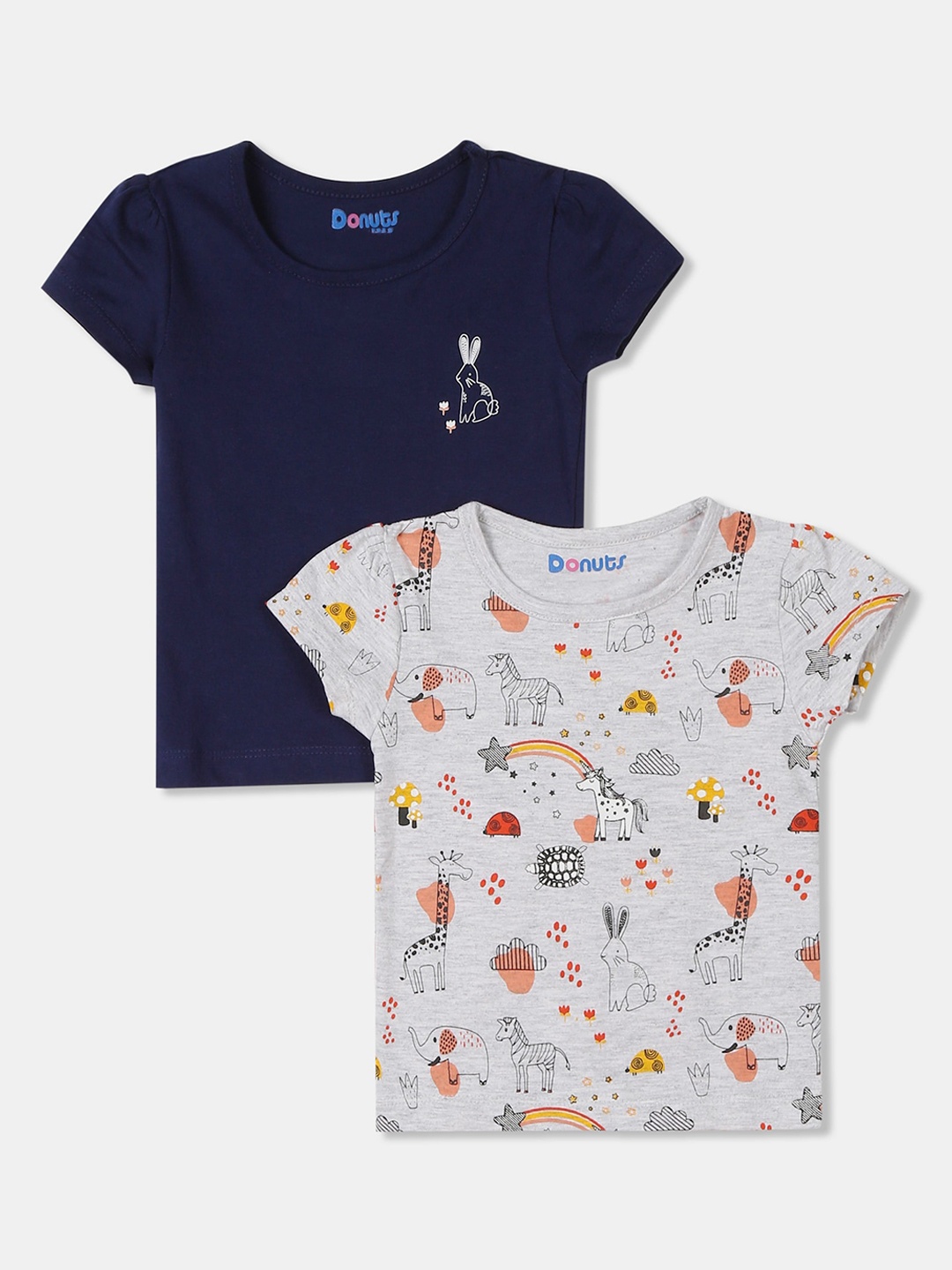 

Donuts Girls Navy Blue Pack of 2 Printed Round Neck T-shirt