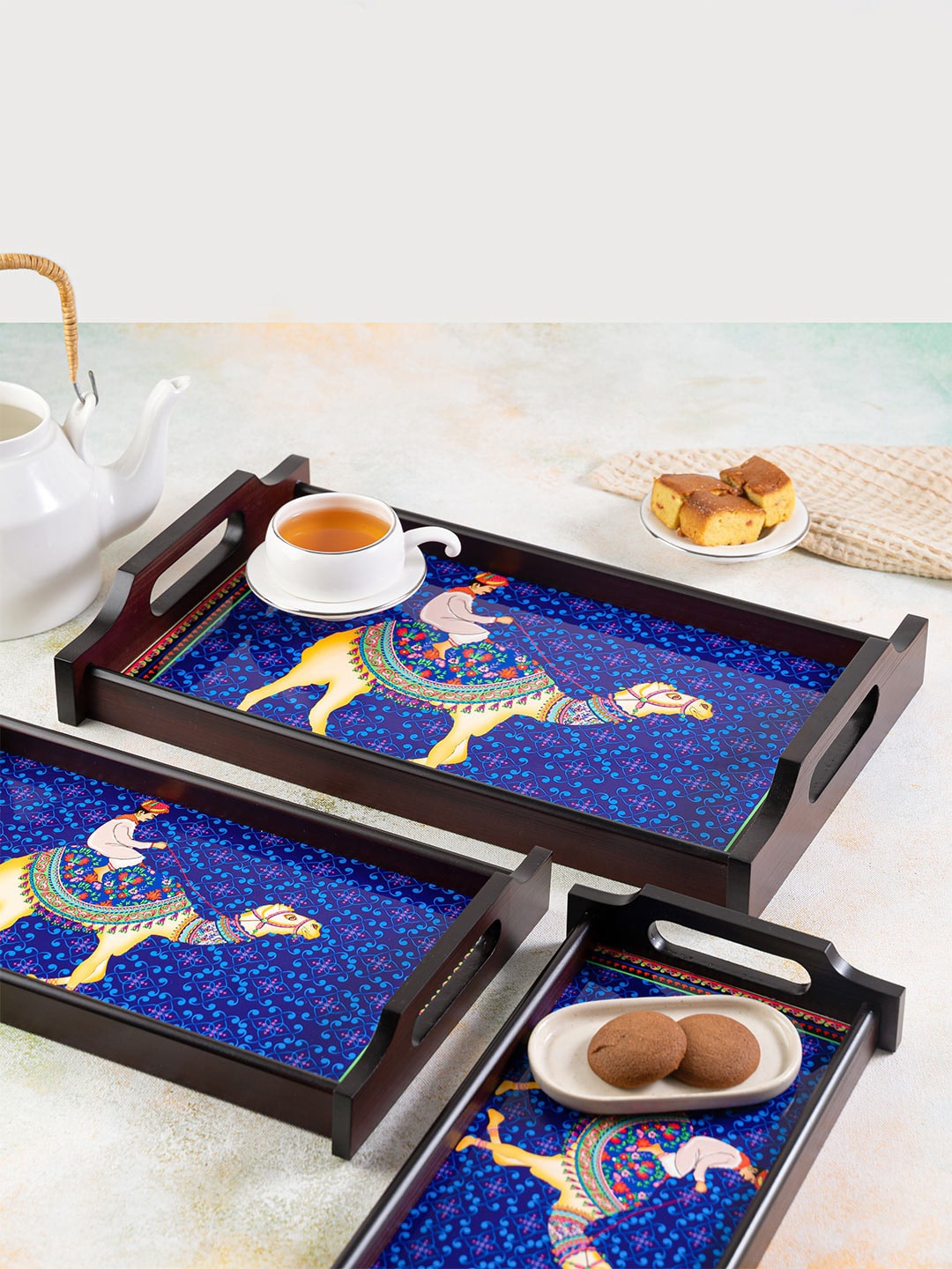 KOLOROBIA Blue & Orange Printed Camel Glory Large Wooden Tray