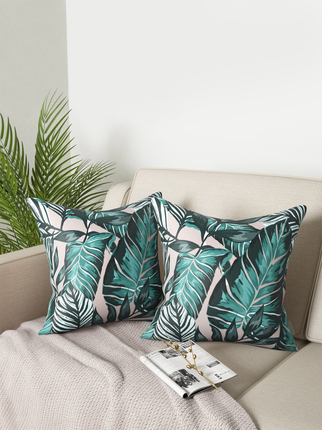 PETAL HOME Set of 2 White &Green Floral Square Cushion Covers