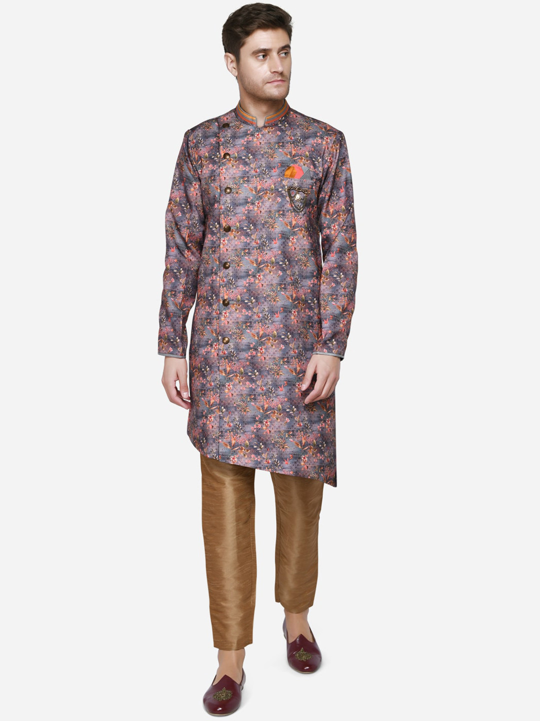 

azania Men Pink & Gold Toned Printed Kurta with Pyjamas