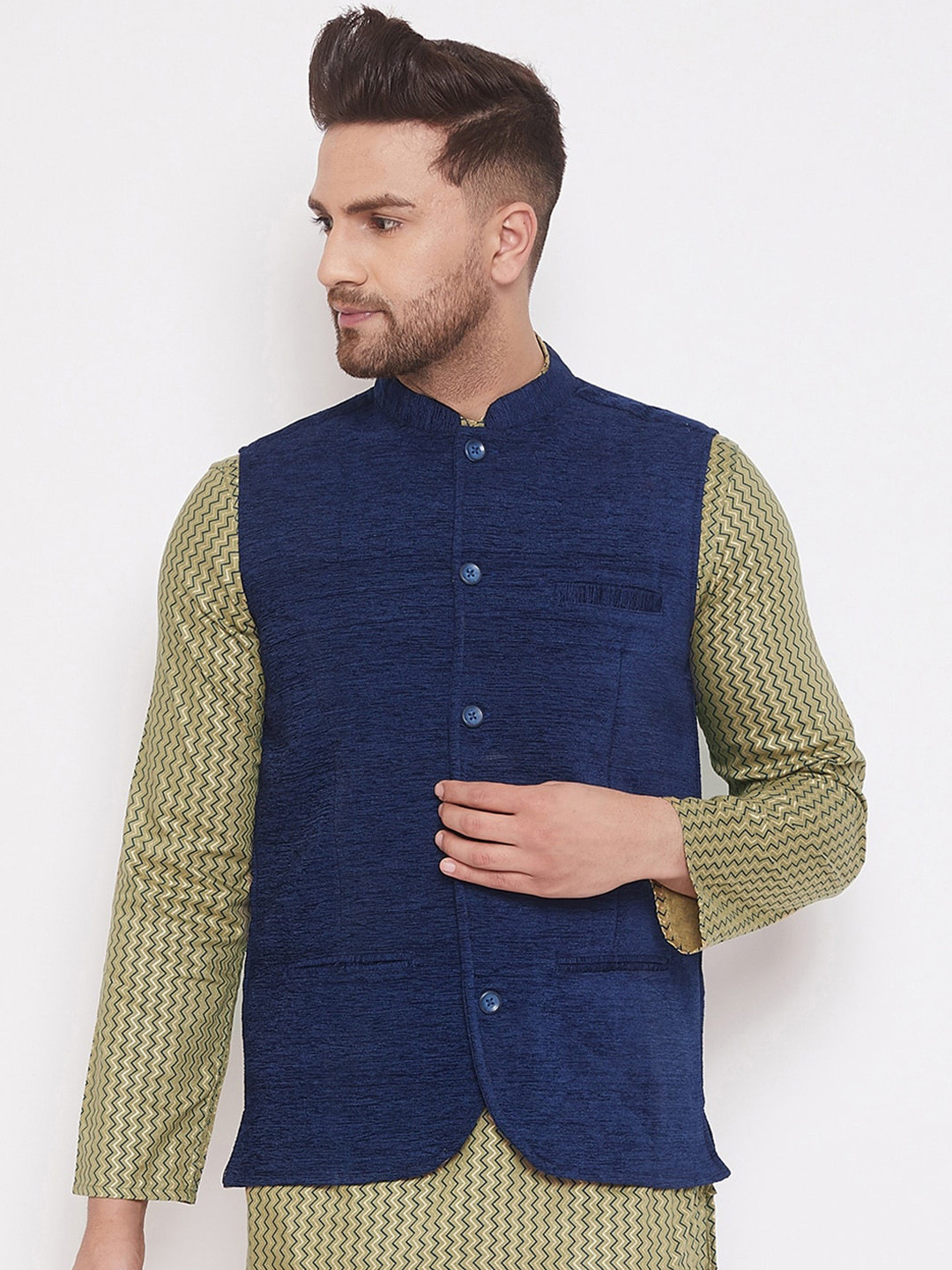 

even Men Teal Blue Solid Woven Nehru Jacket