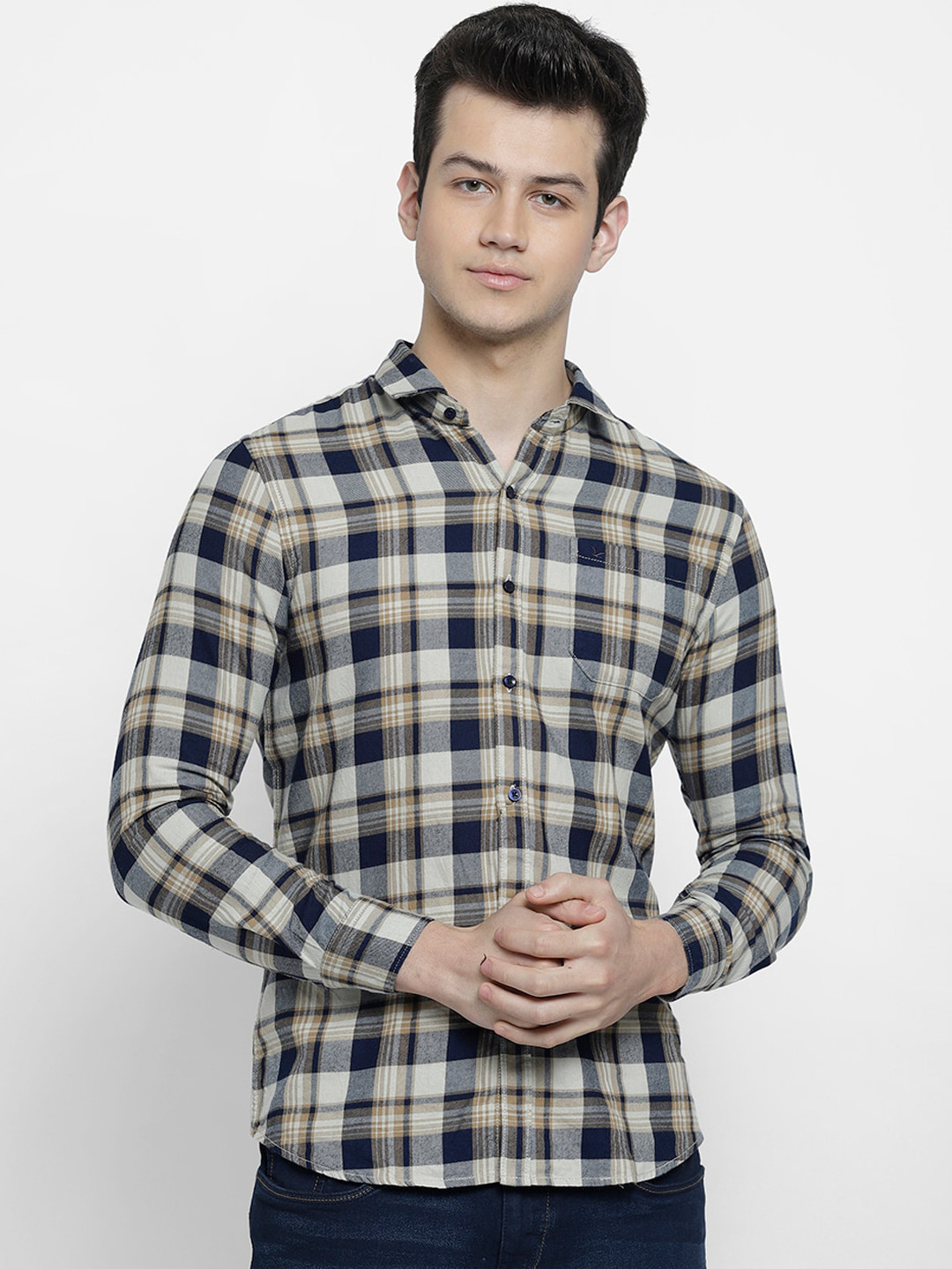 

cape canary Men Brown & Blue Regular Fit Checked Casual Shirt
